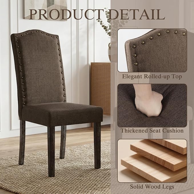 LSSBOUGHT Fabric Dining Chair Upholstered Parsons Kitchen Chair with Copper Nails and Solid Wood Legs for Dining Room,Restaurant (Taupe, 4PCS)