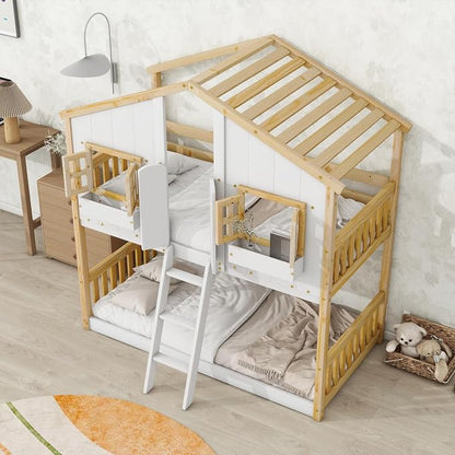 Twin over Twin House Bunk Bed with Roof,Windows,Door,Window Boxes,Safety Guardrails & Ladder,Pine Wood Frame,Low-Height Kids Bunk Beds for Bedrooms,Playful Loft Bed with Easy Assembly, Natural+White