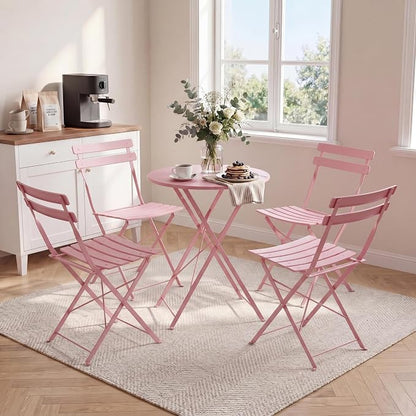 Bistro Table and Chairs Set of 4, 5 Piece Outdoor/Indoor Folding Patio Bistro Sets, 4 Chair Patio Furniture Set with Table, Premium Frame Foldable Coffee Tables for Balcony, Yard, Garden, Pink