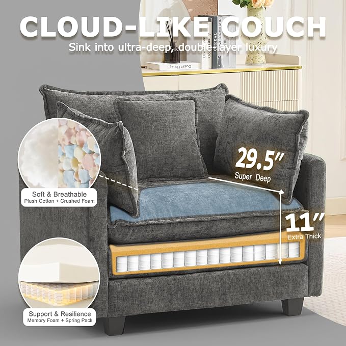 Modular Sectional Sofa Cloud Couch, Deep Seat Washable Chenille Fabric Sofa with Throw Pillows, Singel Seat Modern Couches for Living Room Bedroom Apartment, Grey