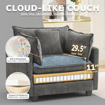 Modular Sectional Sofa Cloud Couch, Deep Seat Washable Chenille Fabric Sofa with Throw Pillows, Singel Seat Modern Couches for Living Room Bedroom Apartment, Grey