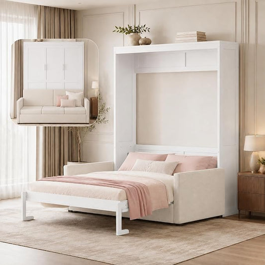 Queen Murphy Bed with Couch, Space Saving Wall Bed Cabinet Bed with Sofa and Storage, Folding Wall Bed with Dual Piston Metal Mechanism, Hide Away Bed for Studio, Small Apartment, Guest Room(White 4)