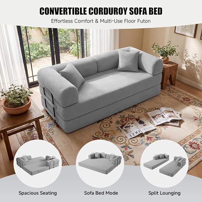 79" Convertible Sleeper Sofa Bed, Corduroy Boneless Fold-Out Couch in a Box, 4-in-1 Loveseat/Futon Couch, High-Density Foam, No Assembly, Side Pockets, 2 Pillows for Small Spaces, Light Grey