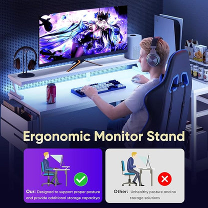 DUMOS Gaming Desk, Computer Desk with USB Charging Ports Power Outlets Type-C LED Lights Reversible L Shaped Workstation with Storage Shelves Monitor Stand for Home Office Gaming Room White 48IN