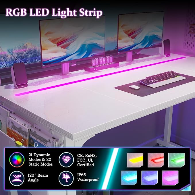 DurayLoly 55 Inch White Computer Desk with LED Lights, Office Desk with Storage Bag for Home Office, Gaming Desk with Headphone Hook for Study Writing Work Desk,Sturdy Metal Frame