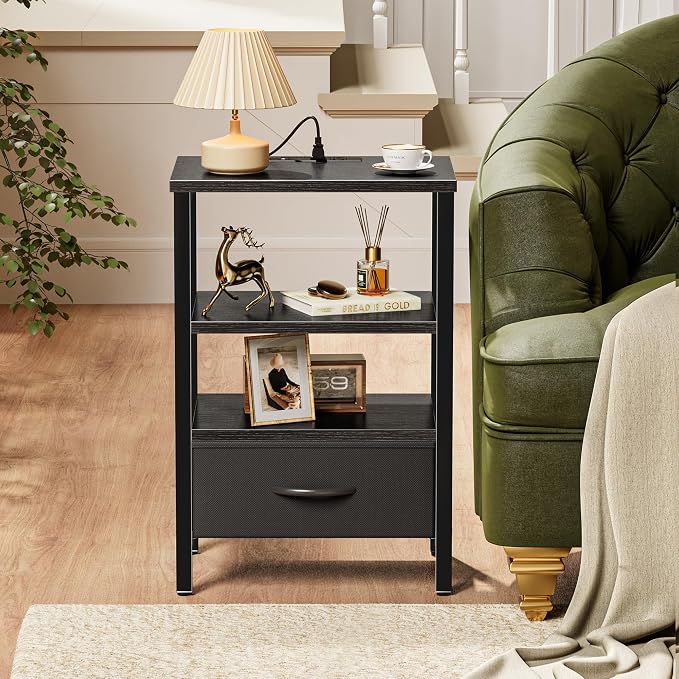 SUPERJARE Nightstand with Charging Station, Bed Side Table with Adjustable Fabric Drawer, Night Stand for Bedroom, 3-Tier Storage End Table, for Living Room, Black