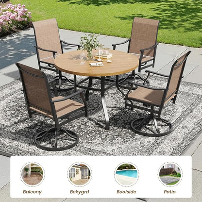Soohow Patio Dining Set for 4, 5-Piece Round Outdoor Dining Set 4 x Swivel Patio Chairs and 41" Round Outdoor Dining Table with 1.57" Umbrella Hole, Wood-Like, for Poolside, Backyard