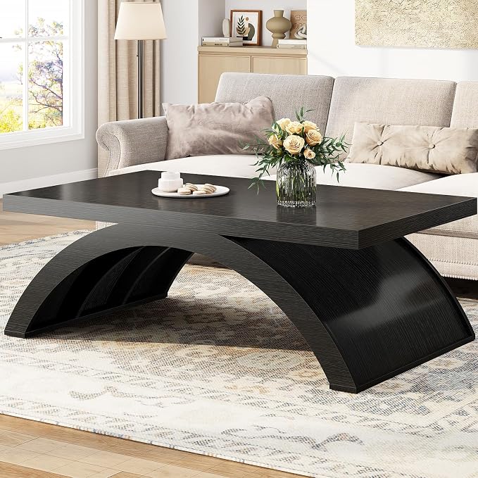 HSH 47" Modern Rectangle Wood Coffee Table for Living Room, Black Oak | Large Rectangular Center Table, Low Table with Sculptural Arched Base, 200 lb Capacity, Easy Assembly