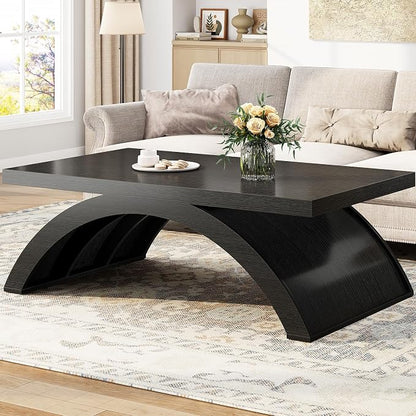 HSH 47" Modern Rectangle Wood Coffee Table for Living Room, Black Oak | Large Rectangular Center Table, Low Table with Sculptural Arched Base, 200 lb Capacity, Easy Assembly