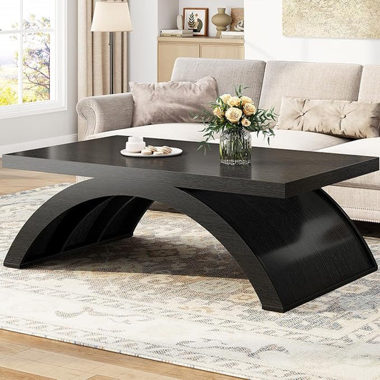 HSH 47" Modern Rectangle Wood Coffee Table for Living Room, Black Oak | Large Rectangular Center Table, Low Table with Sculptural Arched Base, 200 lb Capacity, Easy Assembly