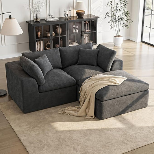 Loveseat Sofa with Ottoman | 72 Inch Modern Boneless Couch for Small Spaces | 2 Seater Small Sofa for Apartment Bedroom Living Room | Dark Grey Love Seat