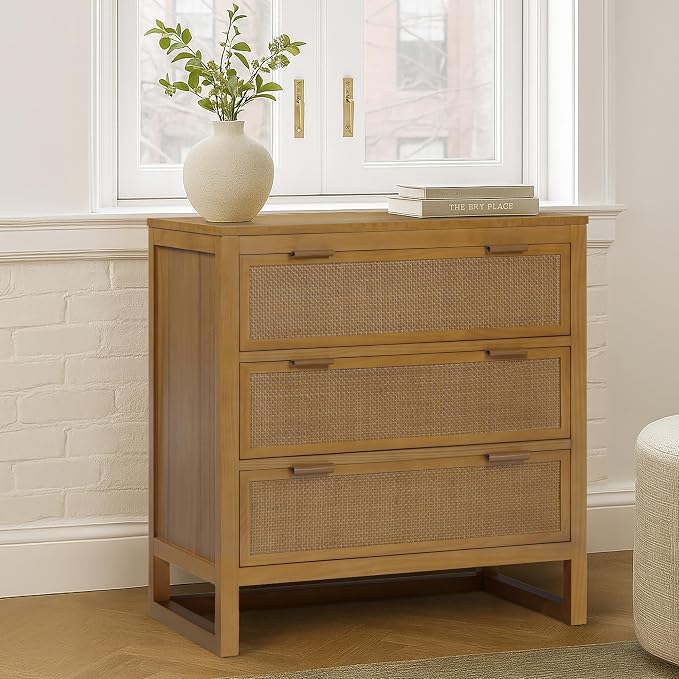 Teamson Home Hatteras 30'' W 3-Drawer Dresser with Rattan Inset Panels, Solid Pine Wood Frame and Acacia Veneer Plus Anti-Tip Kit Included, Coastal Modern Style, Natural Finish | Rattan Inset Panels, Solid Pine Wood Frame, Acacia Veneer, Anti-Tip Kit I...
