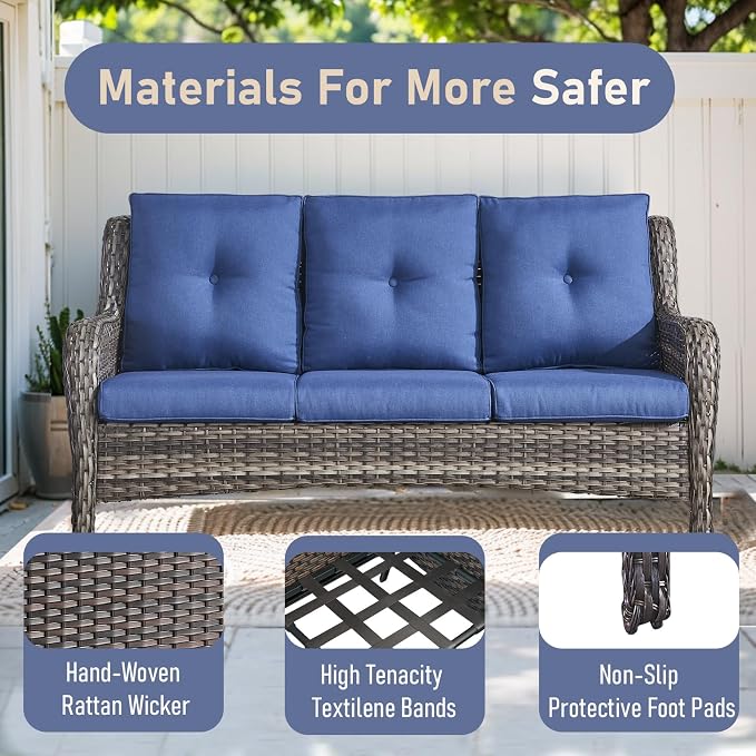 Outdoor Patio Furniture - 3 Seater Outdoor Rattan Wicker Sofa Patio Couch with Ottoman for Porch Deck Garden Backyard - Grey/Blue