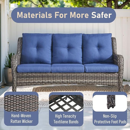 Outdoor Patio Furniture - 3 Seater Outdoor Rattan Wicker Sofa Patio Couch with Ottoman for Porch Deck Garden Backyard - Grey/Blue