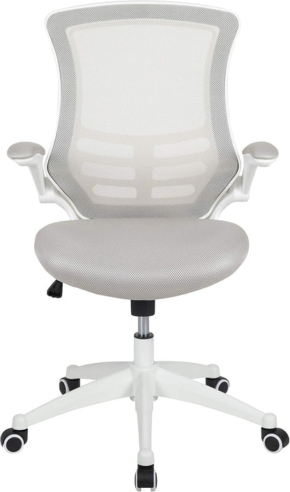 Flash Furniture Kelista Mid-Back Swivel Office Chair with Adjustable Lumbar Support and Seat Height, Ergonomic Mesh Desk Chair with Flip-Up Armrests, Gray/White