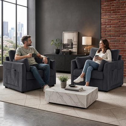 38" Modern Accent Chair, Corduroy Chair with Soft Pillows and Side Pockets, Comfy Single Reading Chairs for Living Room, Bedroom Grey