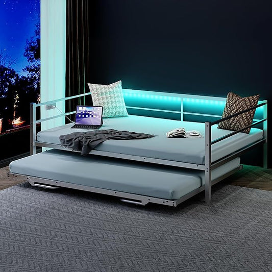 VINGLI Daybed with Trundle Twin, Metal Trundle Bed Frame with Pop Up Trundle Day Bed,Sofa Platform Bed with LED Lights and Charging Station,Pull Out Bed with Sturdy Steel Slats Support, White