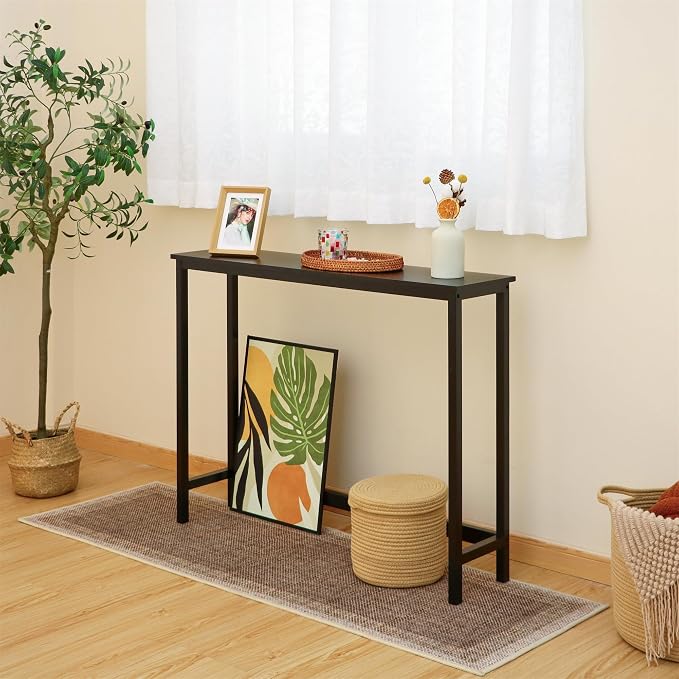 Bamboo Narrow Console Table, 39.4"(L) Wood Small Entryway Table, Accent Slim Hallway Tables, Thin Sofa Side Tables for Hallway, Living Room, Bedroom, Foyer, Black