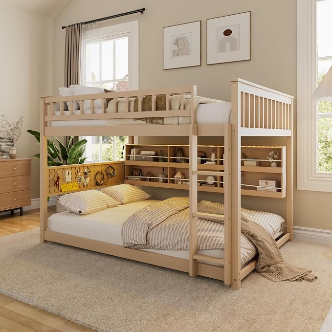 Merax Full Over Full Bunk Bed,Wood bunk Bed with LED,Bed with Integrated Shelving, Color-Changing Lights and Pegboard, Full Over Full, Beige
