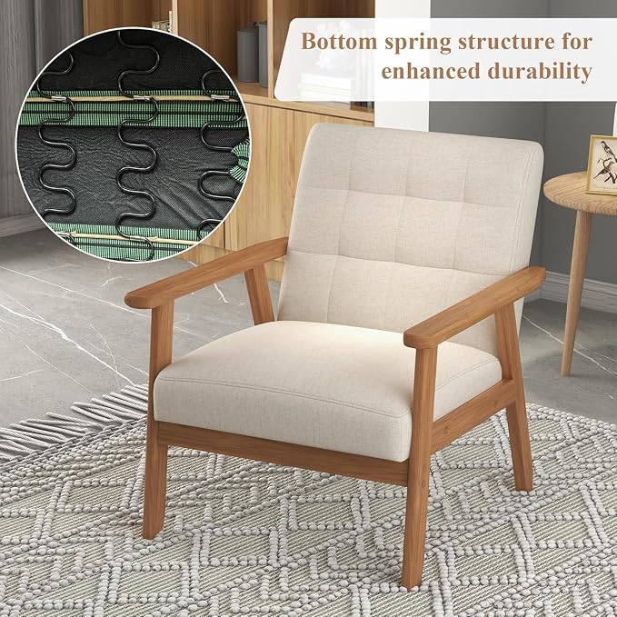 Westice Accent Chair 1PC, Mid-Century Modern Living Room Chairs with Solid Wood Frame & Soft Thicken Cushion, Upholstered Reading Arm Chair for Bedroom, Balcony, Beige Linen Fabric & Natural Legs