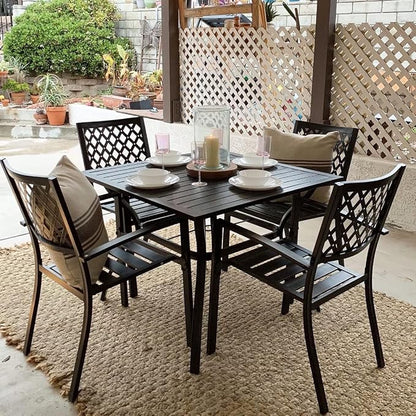 PHI VILLA 5 Pieces Outdoor Dining Set for 4, 37” Black Square Metal Table with Umbrella Hole & Stackable Wrought Iron Chairs, Outdoor Table and Chairs for Patio, Deck, Yard, Porch