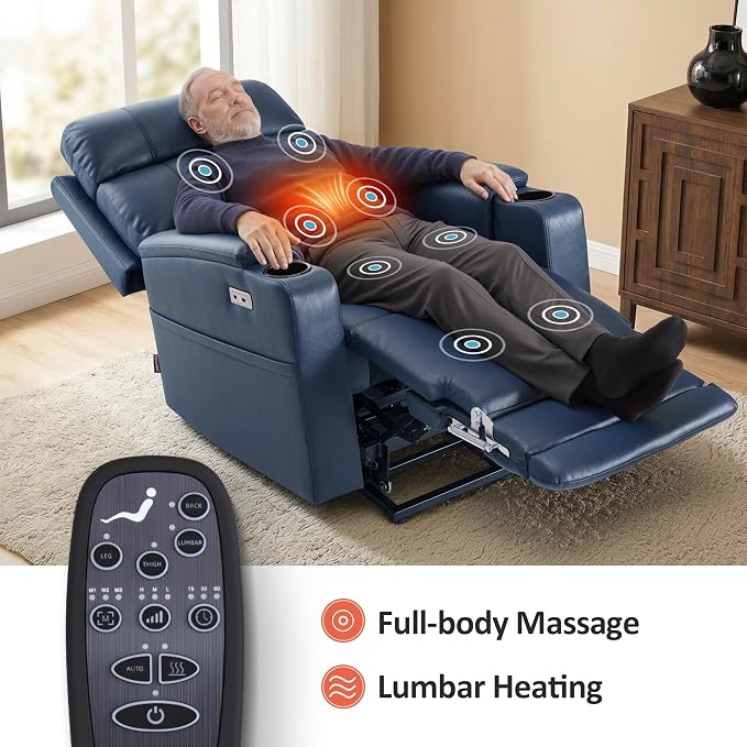MCombo Lift Chair for Tall Man 6‘6’’, Dual Motor Power Lift Recliner Chair for Elderly, Lay Flat for Sleeping, Heat and Massage, USB & Type C, Faux Leather 7755 (Blue)