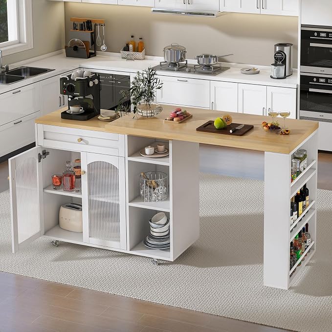 LYNCOHOME 71.1" Rolling Kitchen Island with 360° Rotating Tabletop, Mobile Lockable Wheels & Adjustable Shelves, Multifunctional Storage Cart for Kitchen & Dining（White）