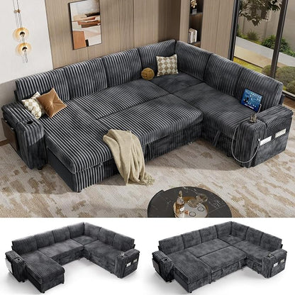 Vipbear 111" Modular Sectional Sleeper Sofa with Pull Out Bed, 7 Seat Plush Corduroy L Shaped Couch with Storage Chaise|USB Ports|Cup Holders|Side Table|Storage Armrests, Tool Free Assembly, Grey