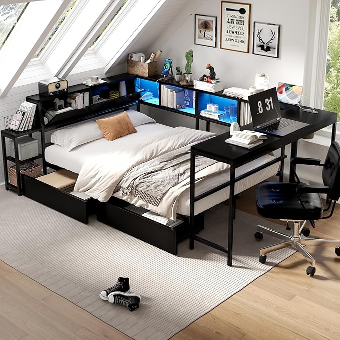 Bellemave Queen Corner Bed Frame with Desk and Storage, Queen Size Captains Bed with Charging Station and LED Light, Wood Daybeds with L-Shaped Bookcase and 2 Drawers, Black