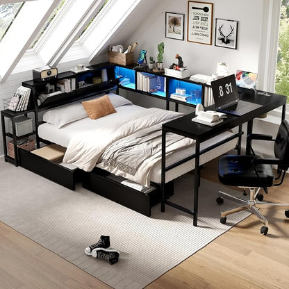 Bellemave Twin Corner Bed Frame with Desk and Storage, Twin Size cornner Bed with Charging Station and LED Light, Wood Daybeds with L-Shaped Bookcase, Black
