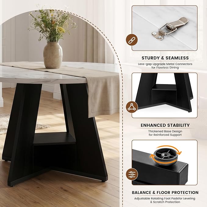 47.3 Inch Round Dining Table Set for 4, Round Kitchen Table with Chairs, Space Saving Dining Room Table set with Storage Shelf for Apartment Kitchen Dining Room, Faux Marble Table+4 Beige Chairs