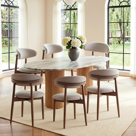 COLAMY Mid-Century Modern Wooden Dining Chair Set of 6, Indoor Upholstered Kitchen Chairs with 2.6" Cozy Padded Seat, Walnut Finish Side Dining Chair, [Gray]