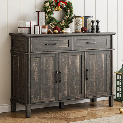 48 Inches Buffet Cabinet with Storage, Farmhouse Sideboard Buffet w/2 Drawers and 3 Doors, Wood Coffee Bar Cabinet with Adjustable Shelves, Sideboard Storage for Kitchen, Living Room, Rustic Brown