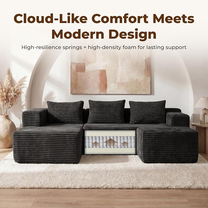 Modular Sectional U-Shaped Sofa with Deep Seat, Modern Boneless Comfy Corduroy Fluffy Couch with Side Pockets and Anti-Slip & Floor-Friendly Bottom for Living Room, No Assembly, Black