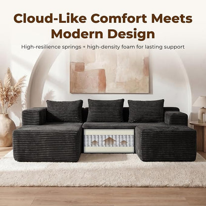 Modular Sectional U-Shaped Sofa with Deep Seat, Modern Boneless Comfy Corduroy Fluffy Couch with Side Pockets and Anti-Slip & Floor-Friendly Bottom for Living Room, No Assembly, Black