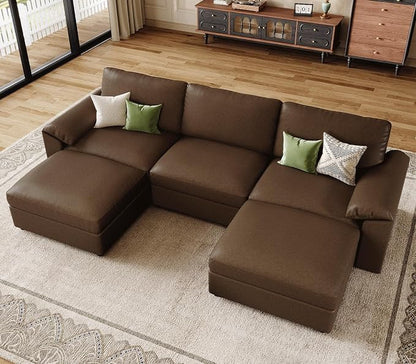 EASE MOOSE Deep Seat Sectional Couch, Scratch Resistant Faux Leather Material, 5-Seat Oversized Modular Sofa for Living Room,U Shaped Classic Comfy Sofas for Living Room,Deep Brown
