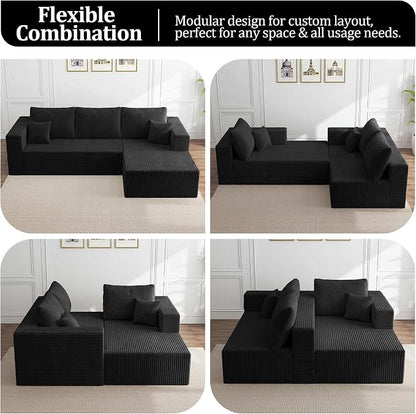 92.5" Modular Sectional Sofa, L-Shaped Cloud Couch with Deep Seats & Chaise, Convertible 4-in-1 Corduroy Boneless Couches for Living Room, Bedroom, No Need Assembly - Black(Right Facing Chaise)