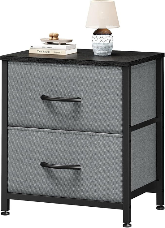 Sweetcrispy Nightstand Set of 2 with 2 Storage Drawers, Small Bedside Table | 20" Height End Table, Wooden Top Fabric Cabinet for Bedroom, Furniture, Closet, College Dorm, Grey