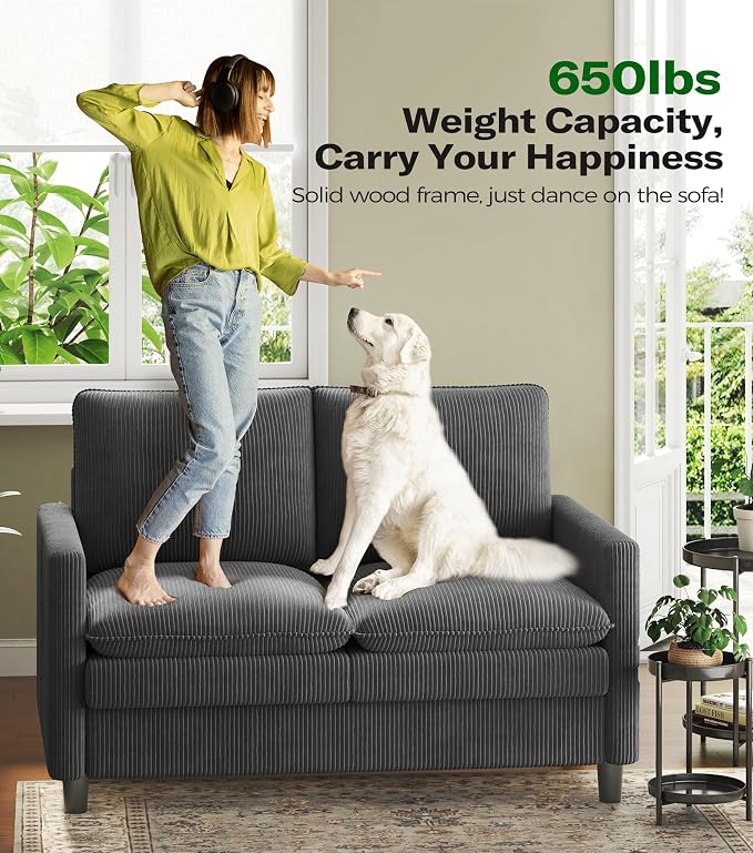 Welzona 3-Layers Cloud Loveseat Sofa, 51" Corduroy Small Couch for Living Room, Bedroom - Tool-Free Assembly Small Sofa - Grey - Futon Couch - Removable Washable Covers - 650lbs Capacity