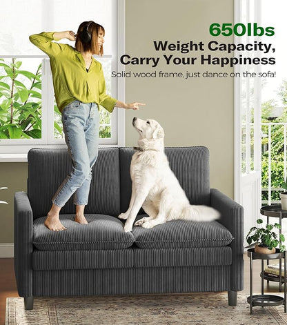Welzona 3-Layers Cloud Loveseat Sofa, 51" Corduroy Small Couch for Living Room, Bedroom - Tool-Free Assembly Small Sofa - Grey - Futon Couch - Removable Washable Covers - 650lbs Capacity