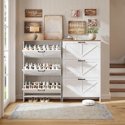 Nicetree Shaker Barn Door Shoe Cabinet - 3 Flip Drawers & 3 Adjustable Shelves, 9.1" Ultra Slim Freestanding, Contemporary Rustic Brushed White Farmhouse Shoe Rack for Entryway, Hallway, Foyer
