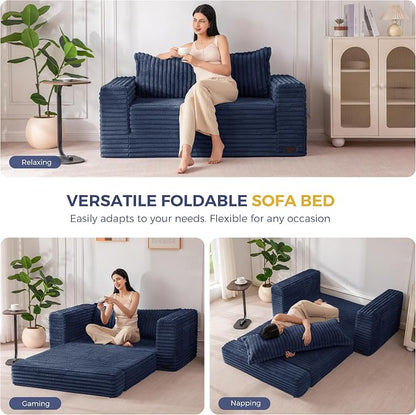 MAXYOYO Convertible Sofa Bed, 2 in 1 Folding Couch Bed for Small Space, Pull Out Loveseat Sofa Couch with Large Back Pillow, Plush Faux Fabric Lounge Couch for Living Room, Apartment, Navy