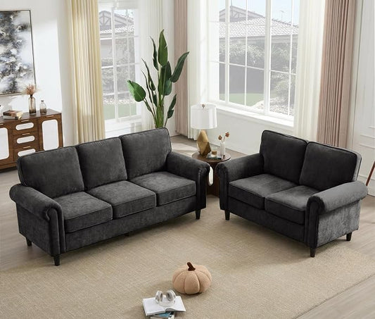 Kingfun Loveseat 2 & 3 Seater Couch with Chair, Mid Century Modern Chenille Sofa Set with Rolled Arms and Deep Seats, Fluffy Comfort for Living Room, Apartment, Easy Assembly, Grey