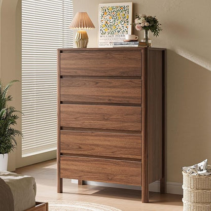 MAISONARIA Walnut 3-Piece Dresser Bedroom Set, 5 Drawers Dresser & 2 Drawer Nightstands with Hidden Handles, Wood Chest of Drawers for Bedroom, Living Room, Entryway