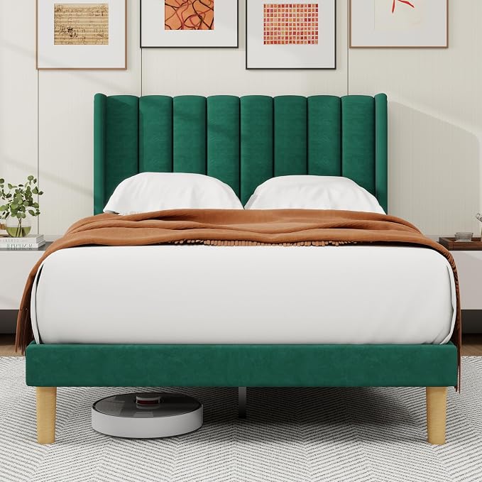 alazyhome Platform Bed Frame Full Size with Upholstered Headboard, Solid Wood Slats Support, No Box Spring Needed, Noise Free, Easy Assembly, Modern Velvet Bed, Green
