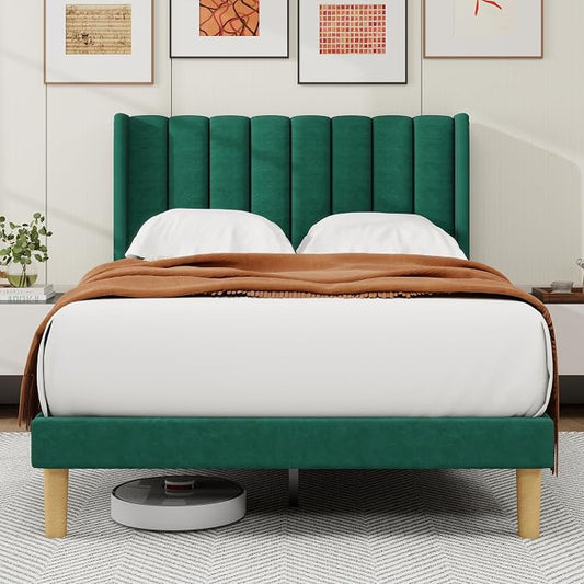 alazyhome Platform Bed Frame Full Size with Upholstered Headboard, Solid Wood Slats Support, No Box Spring Needed, Noise Free, Easy Assembly, Modern Velvet Bed, Green