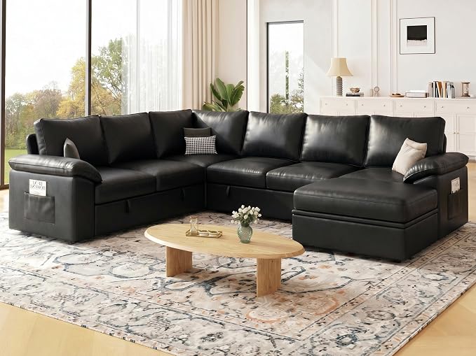 108 Inch Faux Leather Modular Sectional Sofa with Pull Out Bed,U Shaped 7 Seat Sectional Sleeper Sofa with Storage,Sectional Couches for Living Room,Cloud Modular Couch,Black Leather