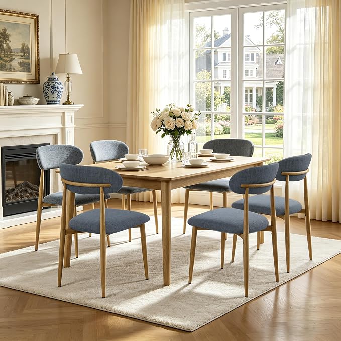 FREKEN Modern Upholstered Dining Chairs Set of 6, Mid-Century Metal Frame with Wood Grain, Linen Fabric Side Chair for Kitchen Dining Room, 350lbs Capacity, Grey