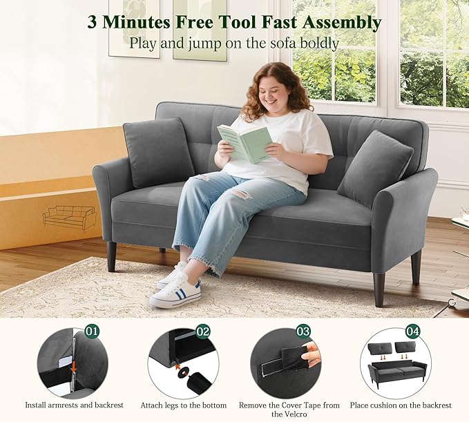 Loveseat Sofa, 69" Love Seat Couches, Comfy Velvet Small Couches for Small Spaces with 2 Pillows, Tool-Free Setup Sofas & Couches, 700lb Load Sofas for Living Room, Mini Couch for Bedroom, Grey Couch