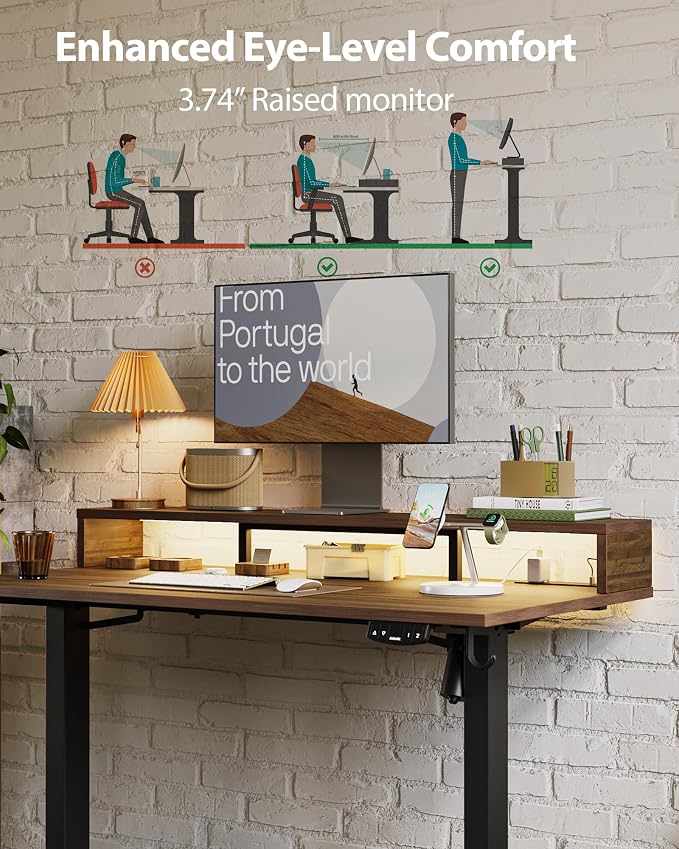 Agilestic 55 x 24 Inch Electric Standing Desk with Shelf, Height Adjustable Desk with Power Outlets & LED, Sit Stand Up Table with Monitor Stand, Computer Workstation, Dark Walnut